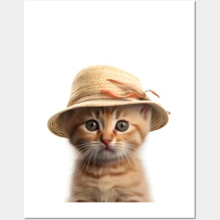 Kitten with Straw Hat Baby Animal Portrait for Nursery Room Posters and Art